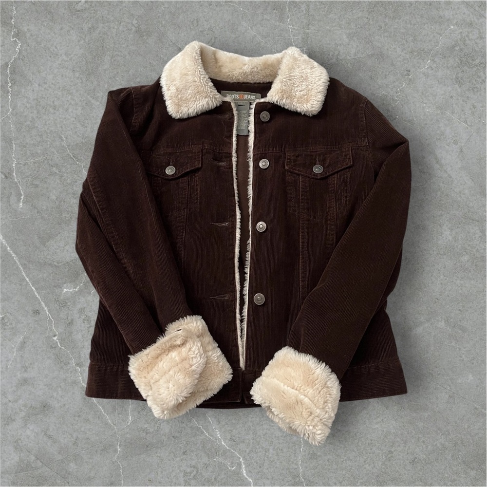 Roots Brown Corduroy Women’s Jacket with Cream Faux Fur
